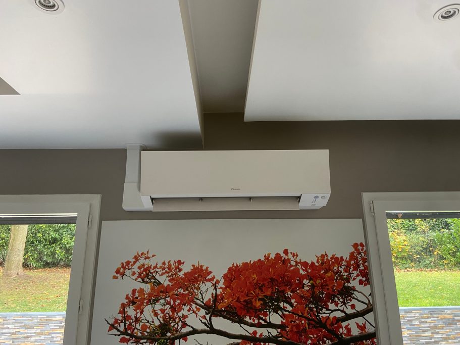 Climatiseur mural blanc au-dessus d'une peinture de fleurs rouges, fenêtres à côté.
